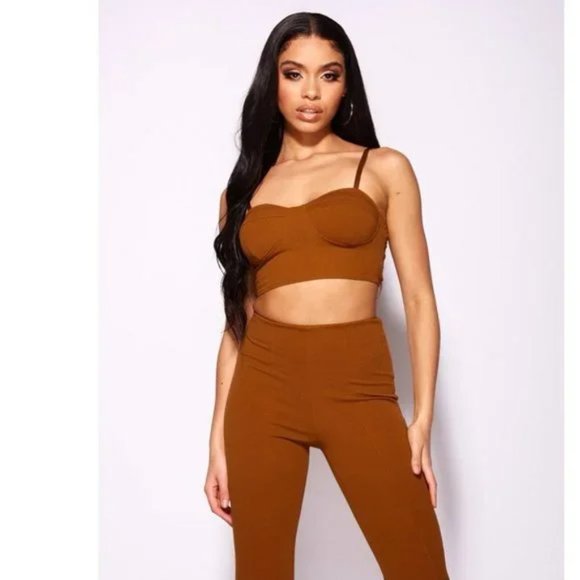 Brown Sleeveless Crop Top and High Waist Flare Pants Two Piece Set - Picture 11 of 12